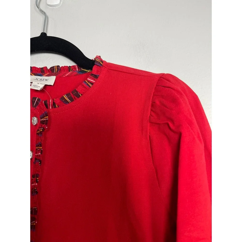 J.CREW Long-sleeve Tartan‎ and Jewels Henley Shirt Small Red NEW Festive CO282